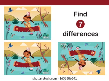 Vector Illustration of an Indian Girl with Canoe. Find 7 differences education game for kids. 