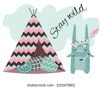 Vector illustration of an Indian hare standing near a wigwam with pillows. Stay wild. Can be used as a poster in the children's room, postcard, print.