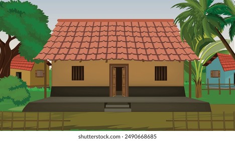 Ilustración vectorial de Arte vectorial indio. Casa de pueblo. Fondo de la aldea india para dibujos animados