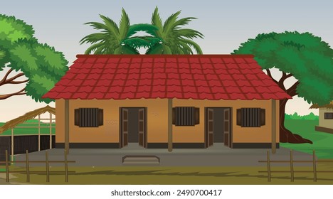 Ilustración vectorial de Arte vectorial indio. Casa de pueblo. Fondo de la aldea india para dibujos animados