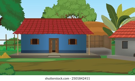 Vector illustration of Indian house vector art. Village house. Indian village background for cartoon