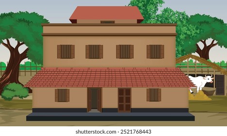 Ilustração vetorial da arte vetorial da casa indiana. Casa da aldeia. Fundo de aldeia indiana para desenhos animados