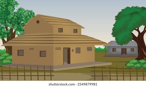 Ilustração vetorial da arte vetorial da casa indiana. Casa da aldeia. Fundo de aldeia indiana para desenhos animados