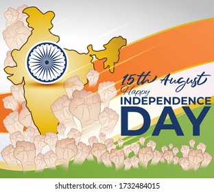 VECTOR ILLUSTRATION FOR INDIAN INDEPENDENCE DAY, ILLUSTRATION IS  SHOWING INDIAN MAP WITH UNITY HANDS ON INDIAN FLAG BACKGROUND
