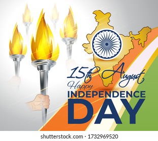 VECTOR ILLUSTRATION FOR INDIAN INDEPENDENCE DAY, ILLUSTRATION IS  SHOWING INDIAN MAP WITH FIRE LIGHT SHOWING STRENGTH OF INDIA ON INDIAN FLAG BACKGROUND