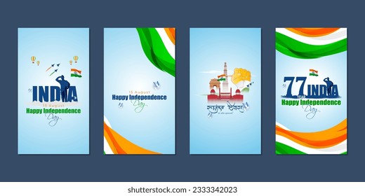 Imagen vectorial del Día de la Independencia de la India, plantilla de simulación de fuente de noticias en medios sociales, texto escrito en hindi significa Día de la Independencia de la India