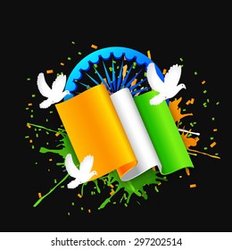 Vector illustration Indian Independence Day celebrations greeting card of India with ashoka wheel and pigeon on black background.