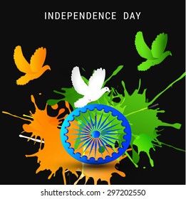 Vector illustration Indian Independence Day celebrations greeting card of India with ashoka wheel and pigeon on black background.
