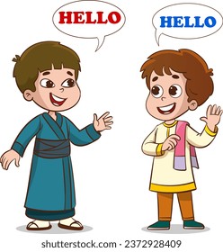 vector illustration of indian and japan kids hello