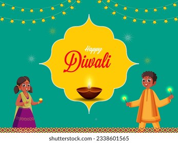 Vector Illustration of Indian Kids Celebrating Diwali with Sparkle Sticks, Lit Oil Lamps (Diya) and Lighting Garland Decorated Background. Festival of Lights Concept.