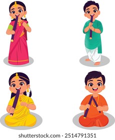 Vector illustration of Indian kids eating sugarcane and celebrating their harvest festival with fun and happiness