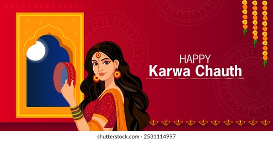 vector illustration of Indian Lady celebrating Karva Chauth