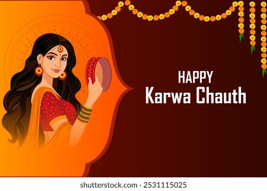 Ilustración vectorial de la señora india celebrando Karva Chauth