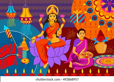 vector illustration of Indian lady with diya Happy Diwali festival background kitsch art India