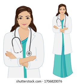 Vector illustration of an Indian lady doctor in close up and standing position. Both the poses in different layers.