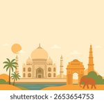 Vector illustration of Indian landmarks Taj Mahal, India Gate, Qutub Minar. Incredible India, rich heritage, tourism. For Republic Day cards and banners celebrating unity and Indian identity