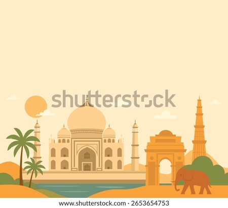 Vector illustration of Indian landmarks Taj Mahal, India Gate, Qutub Minar. Incredible India, rich heritage, tourism. For Republic Day cards and banners celebrating unity and Indian identity