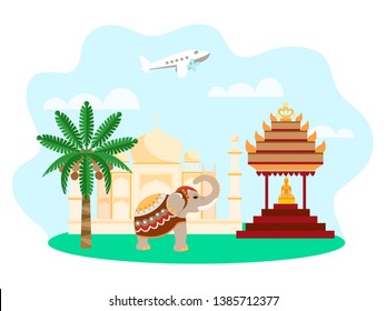 Imagen vectorial del paisaje indio con arquitectura india, estatua de Buda, elefante, palmera y avión en el fondo. Concepto de viajes alrededor del mundo 