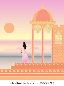 vector illustration of an indian landscape with ornate architecture and a woman in traditional saree watching the sunset in eps 10 format