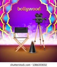 Vector illustration of Indian logo sign Bollywood in colored mandala ornament with glowing element and realistic equipment for cinema stage isolated on background