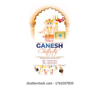 VECTOR ILLUSTRATION FOR INDIAN LORD GANESHA FESTIVAL WITH HINDI TEXT MEANS GANESHA CHATURTHI, FESTIVE BACKGROUND CONCEPT
