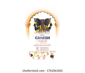 VECTOR ILLUSTRATION FOR INDIAN LORD GANESHA FESTIVAL WITH HINDI TEXT MEANS GANESHA CHATURTHI, FESTIVE BACKGROUND CONCEPT
