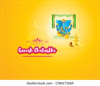 VECTOR ILLUSTRATION FOR INDIAN LORD GANESHA FESTIVAL WITH HINDI TEXT MEANS GANESHA CHATURTHI , ILLUSTRATION IS SHOWING INDIAN GOD GANESHA ON SHINNY BACKGROUND, DEVOTEES  ARE CELEBRATING THE FESTIVAL 