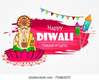 Vector illustration of Indian Lord Ganesha sitting on Holy Lotus, Giving blessing on  Festive decorated elegant background for Festivals of Lights Celebration contains editable Happy Diwali Text.