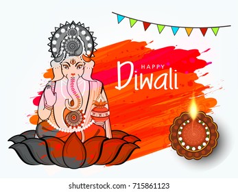 Vector illustration of Indian Lord Ganesha sitting on Holy Lotus, Giving blessing on  Festive decorated elegant background with editable Happy Diwali Text and Traditional Floral Diya / oil lit lamp.