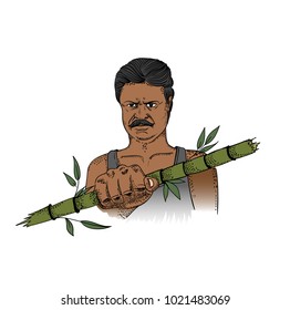 Vector illustration of indian man with bamboo stick