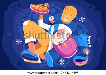 Vector illustration of an Indian man celebrating Diwali festival. He is playing a traditional drum while holding a tray of Indian sweets. Perfect for Indian festivals and cultural celebrations