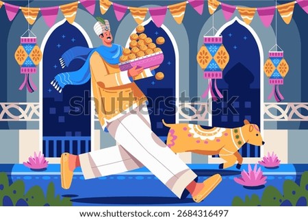 Vector illustration of an Indian man celebrating Diwali festival, holding a tray of traditional sweets while standing beside a decorated cow. Perfect for themes related to Diwali, Hindu festivals