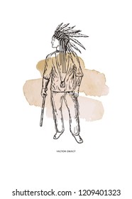 Vector illustration. Indian . Man on the hunt. Pen style drawing on watercolor brushstroke. Element of design.