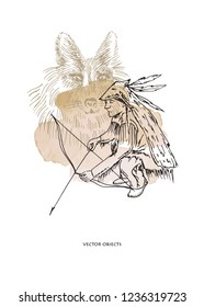 Vector illustration. Indian . Man on the hunt. Pen style drawing on watercolor brushstroke. Element of design.