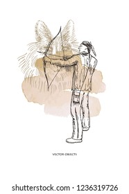 Vector illustration. Indian . Man on the hunt. Pen style drawing on watercolor brushstroke. Element of design.