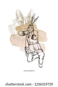 Vector illustration. Indian . Man on the hunt. Pen style drawing on watercolor brushstroke. Element of design.