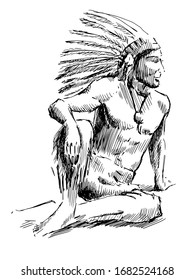 Vector illustration of an Indian man sitting with a feather hat. Hand drawn sketch converted to vector