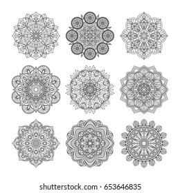Vector illustration of indian mandalas. Old asian and arabic round texture isolate on white background