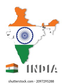 Vector illustration of Indian map with India flag embedded and 3d India text.