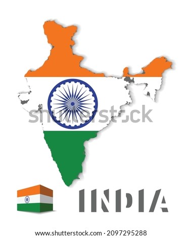 Vector illustration of Indian map with India flag embedded and 3d India text.