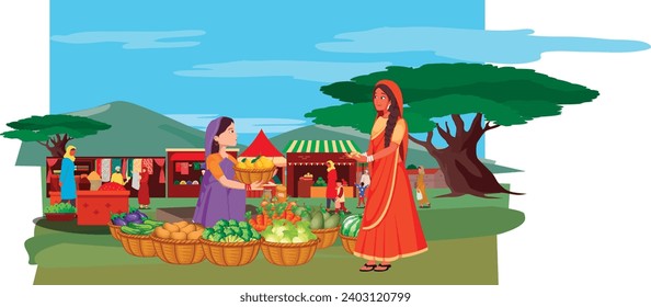 Vector illustration of Indian market with people and different shops with ancient cityscape at the background.Ceramics, fabrics, carteps,spices, sweets, vegetables. Asian characters. Asian bazaar.