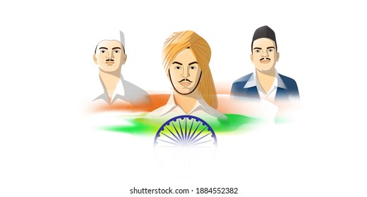 Vector Illustration Of Indian Martyrs' Day Concept Banner. Freedom Fighter Bhagat Singh, Shivaram Rajguru And Sukhdev Thapar Portrait.