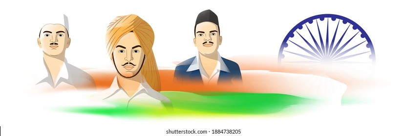 Vector Illustration Of Indian Martyrs' Day Concept Banner. Freedom Fighter Bhagat Singh, Shivaram Rajguru And Sukhdev Thapar Portrait.