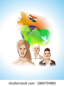 Vector Illustration Of Indian Martyrs' Day Concept Banner. Freedom Fighter Bhagat Singh, Shivaram Rajguru And Sukhdev Thapar Portrait.