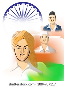 Vector Illustration Of Indian Martyrs' Day Concept Banner. Freedom Fighter Bhagat Singh, Shivaram Rajguru And Sukhdev Thapar Portrait.