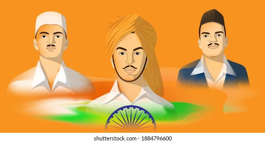 Vector Illustration Of Indian Martyrs' Day Concept Banner. Freedom Fighter Bhagat Singh, Shivaram Rajguru And Sukhdev Thapar Portrait.