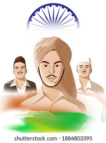 Vector Illustration Of Indian Martyrs' Day Concept Banner. Freedom Fighter Bhagat Singh, Shivaram Rajguru And Sukhdev Thapar Portrait.