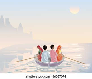 vector illustration of indian men and women in a rowing boat on the river ganges on a misty morning in eps 10 format