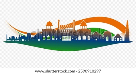 Vector illustration of Indian monuments skyline in tricolor on transparent background