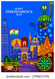 ilustración vectorial de fondo kitsch multicolor indio para el 15 de agosto Feliz Día de la Independencia de India